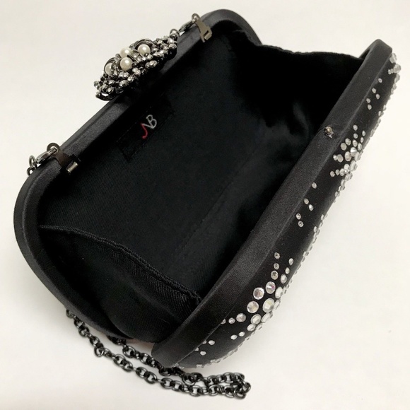 Satin Evening Bag Hard Shell Sparkling Stones and Chain Strap - Picture 4 of 10